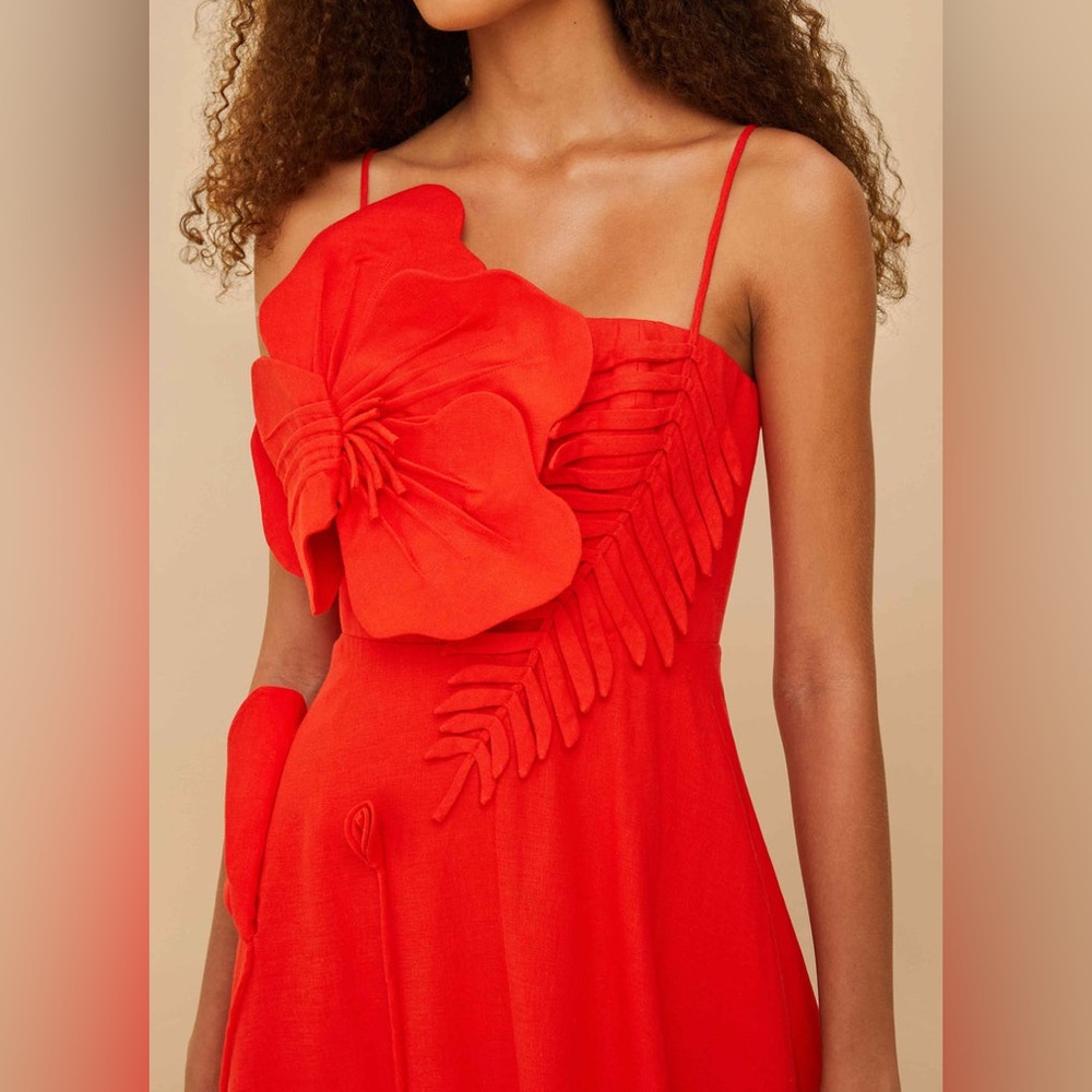 Farm Rio Red Garden Linen Blend Cocktail Midi Dress Size XS